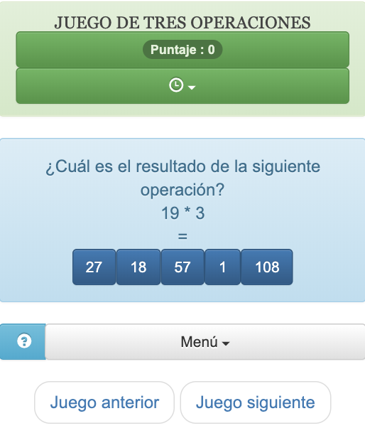 Juego online de cálculo mental, permite revisar la suma, resta y multiplicación, este juego ayuda a los niños a aprender operaciones aritméticas.