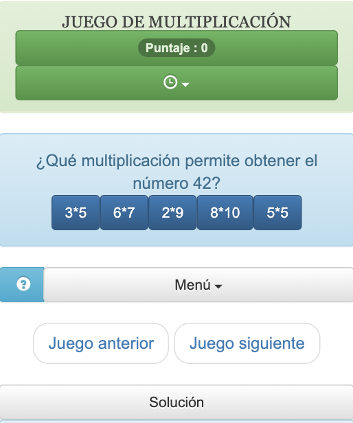 El propósito de este juego de multiplicación es elegir de una lista, la multiplicación que permite calcular un número dado.