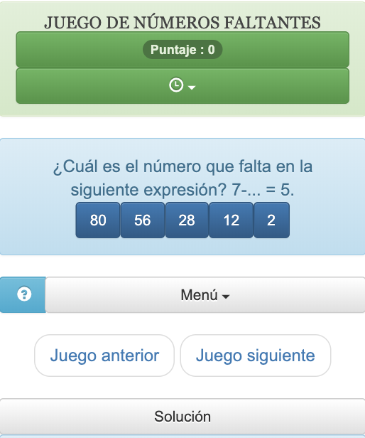 El objetivo de este juego de ecuaciones de hoyos es encontrar el número que falta en una expresión matemática compuesta de suma, resta, multiplicación o división.