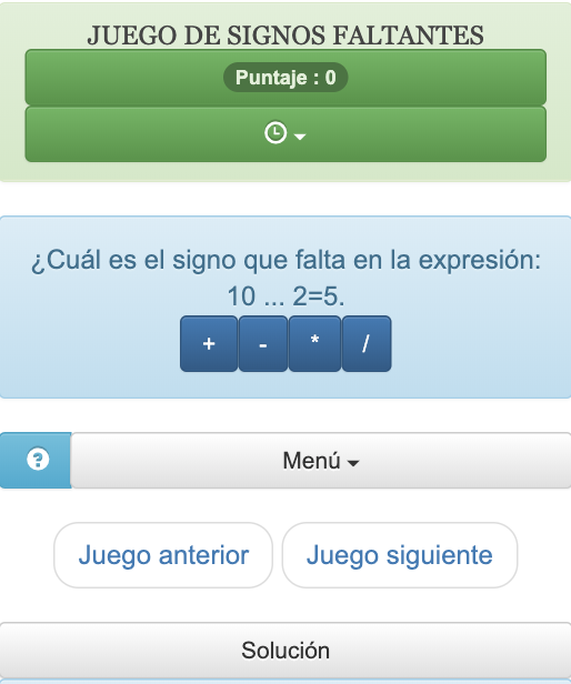 El propósito de este juego es completar una expresión matemática eligiendo el operador aritmético apropiado (+, -, *, /).