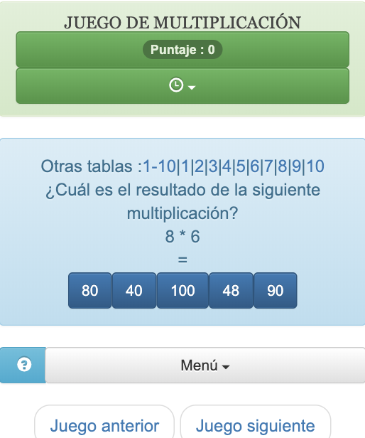 Este sencillo y efectivo juego se utiliza online para revisar o aprender tablas de multiplicación del 1 al 10. Tabla de 3.