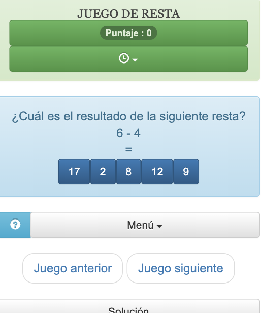 Este juego permite aprender y entrenar en sustracciones, utiliza pequeños enteros que promueven la práctica del cálculo mental.