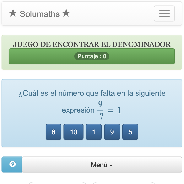 En este juego de fracciones, los niños deben completar una igualdad que incluya una fracción encontrando el denominador que falta en una lista.