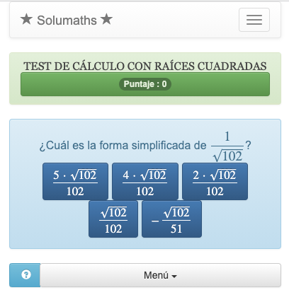 Este test de funciones matemáticas permite practicar el uso de las técnicas de cálculo de la raíz cuadrada.