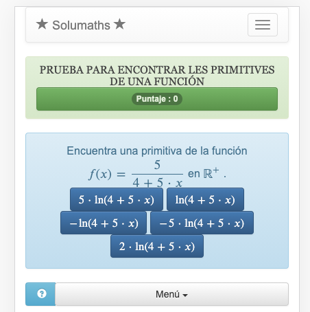 Este cuestionario sobre funciones matemáticas permite practicar las técnicas de búsqueda de primitivas.