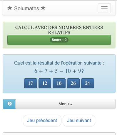 Dans ce jeu de calcul avec des nombres entiers relatifs, les enfants doivent retrouver la bonne réponse dans une liste de valeurs.