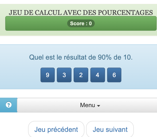 Pour réussir ce jeu sur le calcul du pourcentage d'un nombre entiers, les enfants doivent choisir la bonne réponse parmi une liste de proposition.