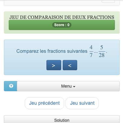 Le but de ce jeu de comparaison de fractions entières est de retrouver l'opérateur (> ou <) à placer entre les fractions comparées.