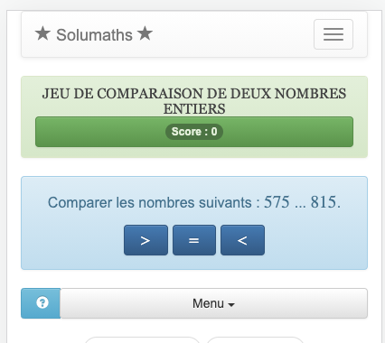Le but de ce jeu de comparaison de nombres entiers est de retrouver l'opérateur (inférieur, supérieur ou égal) à placer entre les nombres comparés.