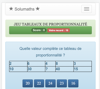 Le but de ce jeu sur la proportionnalité est de trouver la valeur qui complète un tableau de proportionnalité.