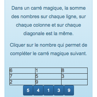 Pour gagner, les enfants doivent compléter une des cases vides d'un tableau de nombres pour qu'il corresponde à un carré magique. Dans un carré magique, la somme des nombres sur chaque ligne, sur chaque colonne et sur chaque diagonale est la même.