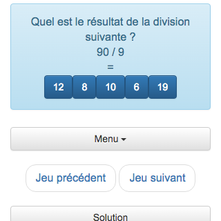 Ce jeu de calcul permet aux enfants de réviser les divisions entières, le but est de trouver le résultat d'une division exacte entre deux nombres entiers.