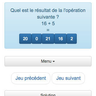 Ce jeu en ligne de calcul mental, permet  aux enfants de réviser les additions, les soustractions, les multiplications et les divisions. Il aide les élèves dans l'apprentissage des opérations arithmétiques.