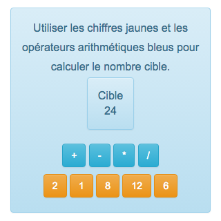 Le compte est bon est un jeu gratuit de calcul en ligne utilisable, de 7 à 77 ans, notamment en CE1, CE2, CM1, CM2, 6ème. Le but de ce jeu de calcul mental est de reconstituer un nombre à l'aide d'autres nombres et d'opérations arithmétiques. Ce jeu de maths permet de s'entrainer efficacement au calcul rapide. 