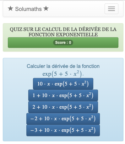 Ce quiz sur la fonction exponentielle permet de s'exercer à utiliser les techniques de calcul de dérivées.