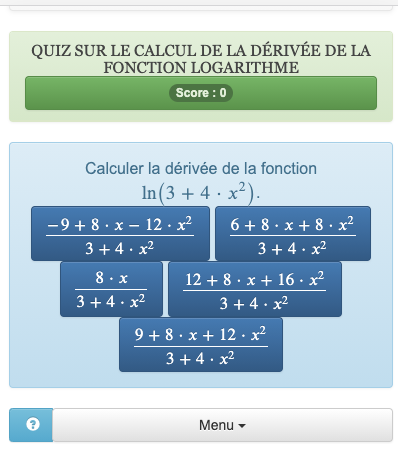 Ce quiz sur la fonction logarithme permet de s'exercer à utiliser les techniques de calcul de dérivées.