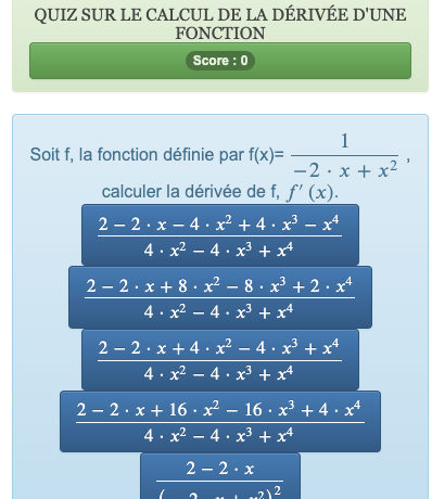 Ce quiz sur les fonctions mathématiques permet de s'exercer à utiliser les techniques de calcul de dérivées.