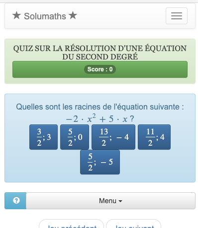 Ce quiz sur les équations du second degré permet de s'exercer aux méthodes de résolutions basées sur l'utilisation du discriminant.