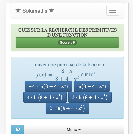 Ce quiz sur les fonctions mathématiques permet de s'exercer à utiliser les techniques de recherche de primitives.