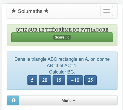 Ce quiz permet d'utiliser le théorème de Pythagore pour calculer l'hypoténuse d'un triangle rectangle.