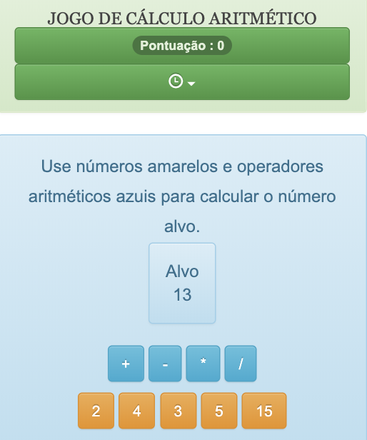 Este jogo de cálculo online, para crianças a partir de 7 anos de idade, permite-lhes praticar o cálculo rápido de forma eficaz. Para ganhar, as crianças devem reconstruir um inteiro usando outros inteiros e operações aritméticas (+,-,*,/).
