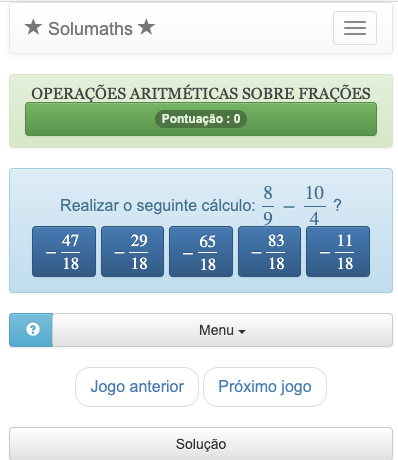 Este jogo de matemática é baseado no cálculo de frações inteiras. Para vencer este questionário, basta encontrar o resultado de uma operação entre duas frações.