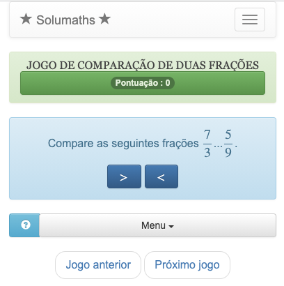 O objetivo deste jogo de comparação de fração inteira é encontrar o operador (> ou <) para colocar entre as frações que estão sendo comparadas.