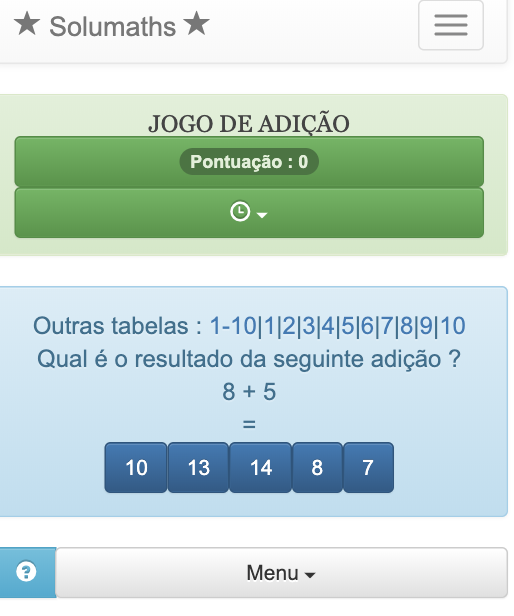 Com este jogo de cálculo rápido, as crianças podem rever ou aprender as tabelas de adição de 1 a 20, para ganhar, eles devem encontrar o resultado de uma adição de inteiros. Tabuada do 9.