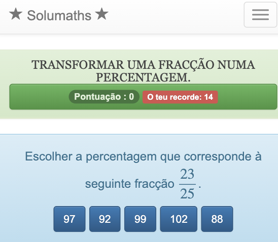 Neste jogo de transformar uma fracção inteira numa percentagem, as crianças devem escolher a resposta correcta a partir de uma lista de sugestões.