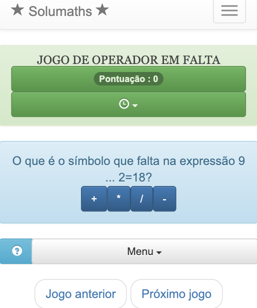 O objectivo deste jogo de operação de buraco para crianças é completar uma expressão matemática escolhendo o operador aritmético apropriado  (+, -, *, /).