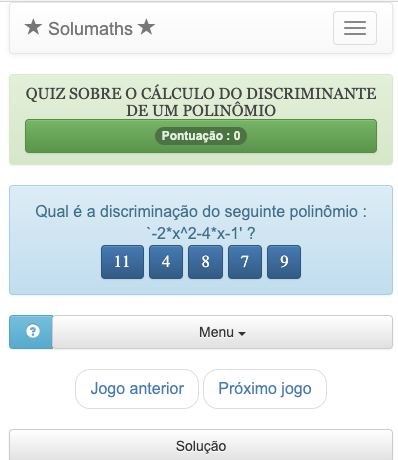 Quiz sobre o cálculo do discriminante de um polinômio - teste de matemática  online - Solumaths