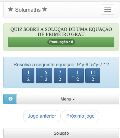 Este quiz sobre equações de primeiro grau permite praticar a resolução de equações simples com uma desconhecida.