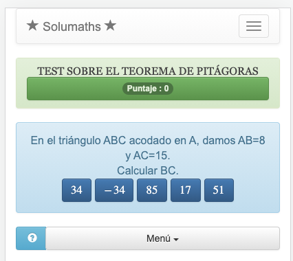 Este questionário utiliza o teorema de Pitágoras para calcular a hipotenusa de um triângulo direito.